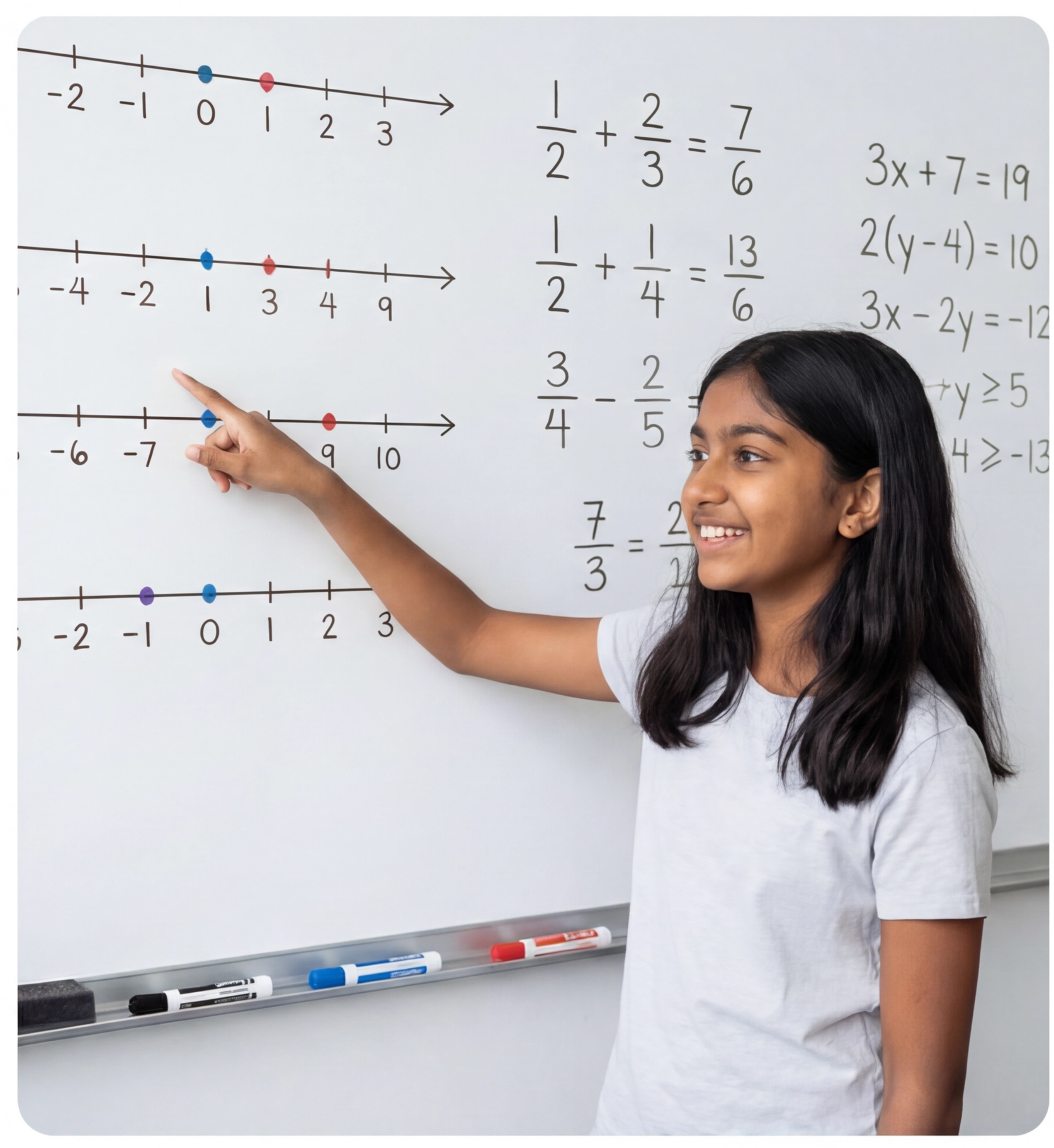 Student pointing at math problems on whiteboard